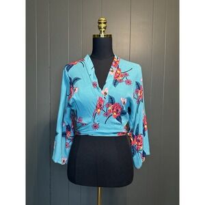 NWT‎ Express Blue Pink Floral Wrap Tie Top Bell Sleeves XS Extra Small
